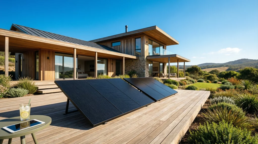 Installation de panneaux solaires design sur une terrasse de villa moderne